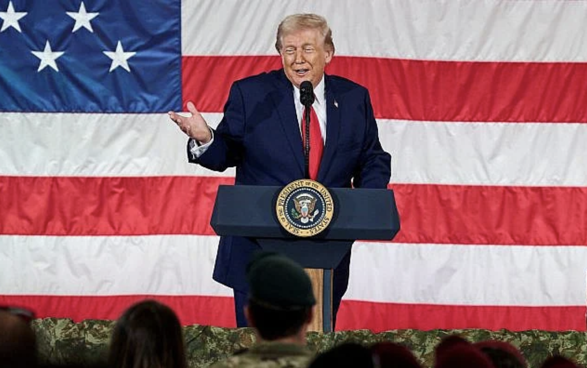 US President Donald Trump delivers remarks to troops at Fort Bragg, North Carolina, February 13, 2026. (AP Photo/Matt Ramey)
